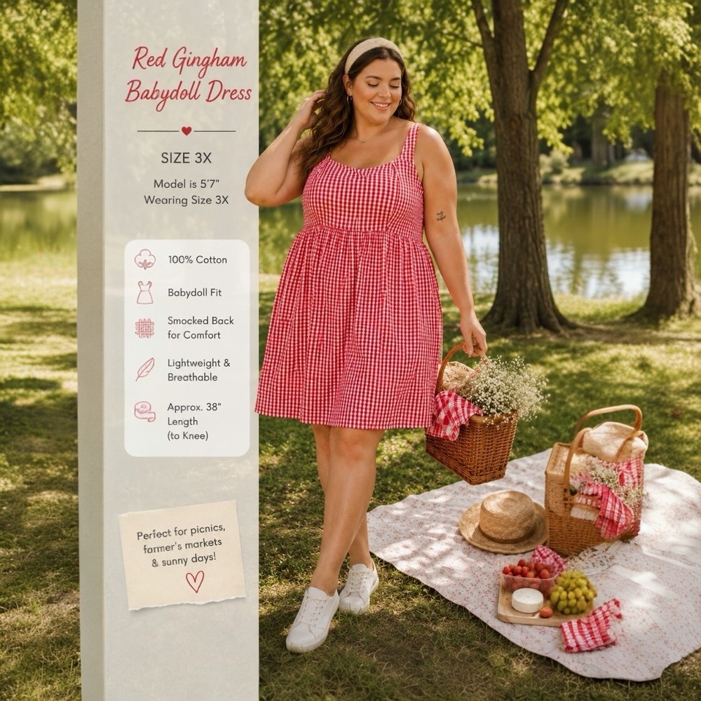 Old Navy Red Gingham Babydoll Tank Top 3X Picnic Cottagecore Cotton